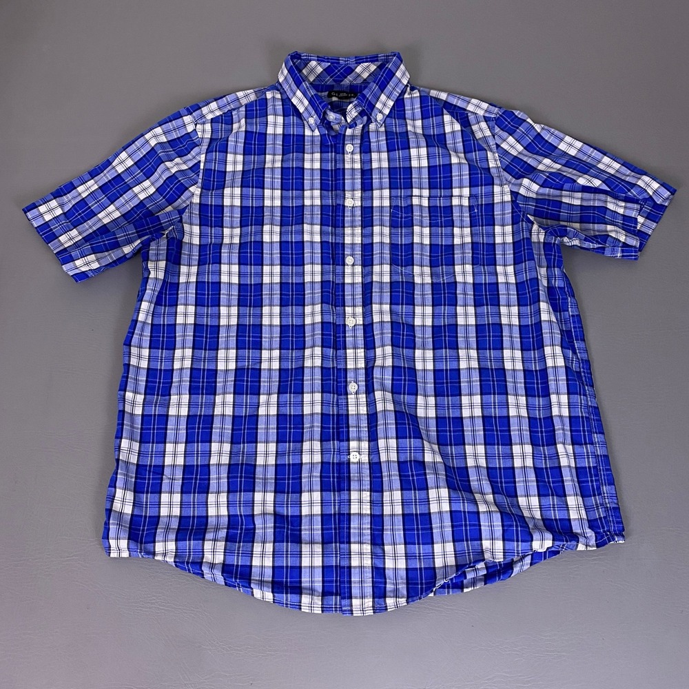 George Button Down Shirt Men's Large Short Sleeve Plaid Blue White Lightweight